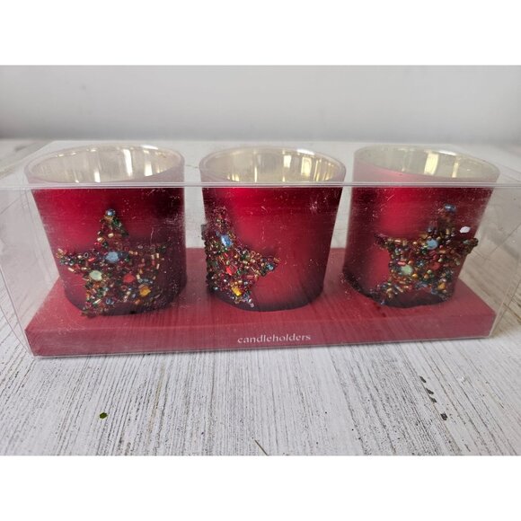 Pier 1 candle holder star Xmas beaded set tea mercury light photo glass new - Picture 1 of 7